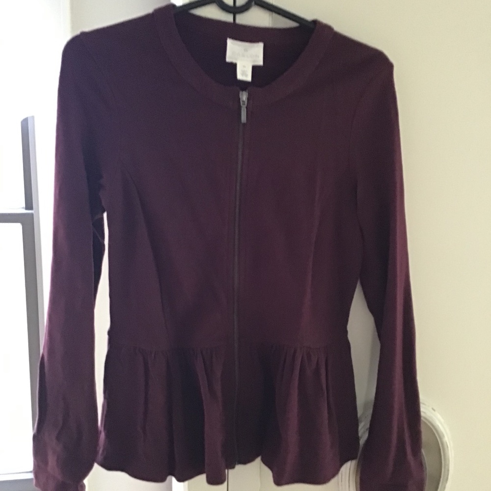 Caslon Long sleeve Peplum Top Front zipper Cardigan, Size XS, Color Burgundy
